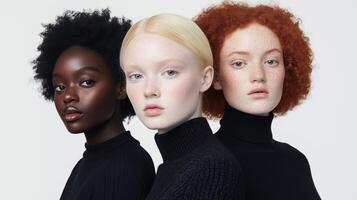 Diverse Fashion Models with Vibrant Variety of Hair Textures and Styles in Studio Portrait photo