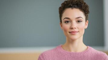 Portrait of a Femme Presenting Person in a Pink Sweater with a Confident Expression in a Soft Focus Indoor Setting photo