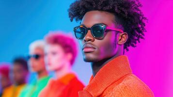 Vibrant Portrait of Gender Nonconforming Individuals in Colorful Fashion Against Bright Gradient Background photo