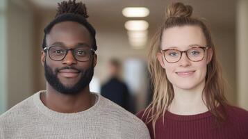 Smiling Partners of Diverse Backgrounds in Casual Attire with Glasses Indoors Highlighting Unity and Inclusion in a Contemporary Office Setting photo