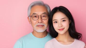 Pensive Senior Man Embracing Daughter on Pink Background Celebrating Family Bonding and Generational Unity with Warm Smiles and Affectionate Pose in Close-Up Portrait photo