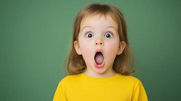 Child Expressing Surprise With Open Mouth During Speech Therapy Session Focused on Phonology Disorders on a Green Background photo