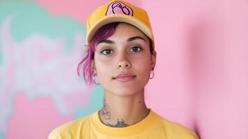 Nonbinary Artist Showcasing Original Artwork in Vibrant Urban Setting with Colorful Backdrop and Expressive Fashion Elements photo