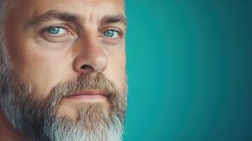 Pensive Bearded Man Gazing Intently With Subtle Smile Against Turquoise Background Reflecting Thoughtfulness and Contemplation in a Modern Portrait Close-Up photo