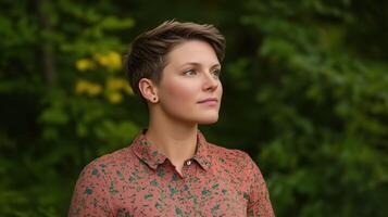 Portrait of a woman with short hair wearing a patterned shirt. Outdoor setting with soft natural greenery in the background. photo