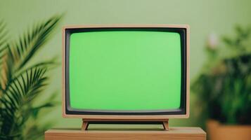 Vintage TV With Green Screen for Versatile Display Mockup in Retro Setting With Plants, Perfect for Technology, Design Projects, or Advertising, Highlighting Nostalgic and Innovative Themes photo