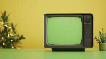 Retro Vintage TV with Green Screen on Yellow Background Featuring Potted Plants and Festive Lights, Perfect for Mockup and Design Templates in Nostalgic and Holiday Themes photo