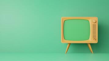 Vintage Television Green Screen Mockup in 4K Resolution with Retro Yellow TV on Minimalist Studio Background Displaying Nostalgic Design for Creative Projects and Media Presentations photo