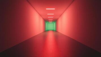 Futuristic Corridor with Neon Red and Green Lighting Creating a Sci-Fi Ambiance and Modern Visual Appeal for Innovative Design Concepts and Abstract Photography Inspiration photo