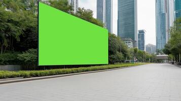 Giant Green Chroma Key Screen on Urban Billboard for Advertising in Modern Cityscape with Skyscrapers and Trees photo