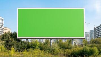 Giant Green Billboard Chroma Key Screen in Urban Setting for Advertising and Digital Design Concepts with Skyline and Nature photo
