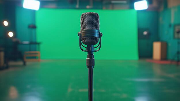 Microphone Stand In Empty Studio With Green Screen Background For Audio Recording And Broadcasting Setup photo