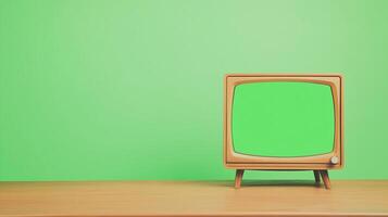 Vintage Television Set on Wooden Table with Green Screen Background for Retro Interior Design and Media Concept photo