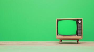 Vintage TV on Wooden Table with Bright Green Screen Display in Minimalist Space for Retro Design and Nostalgia Theme Decor photo