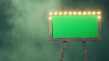 Vintage Cinema Marquee Signboard with Green Screen and Lightbulbs on Wooden Easel in Smoky Atmosphere for Retro Design Concepts photo
