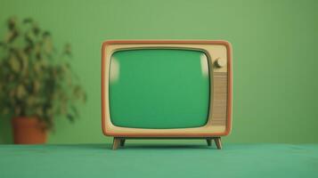 Retro Vintage Portable Television with Green Screen Display in Nostalgic Style for Media and Design Concepts Embracing Classic Entertainment and Technology with Artistic Flair photo