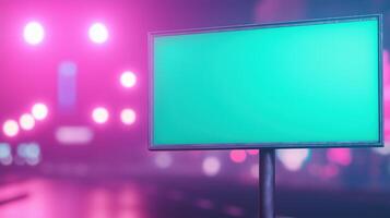 Neon Billboard Display on City Street with Bright Pink and Blue Lights at Night, Futuristic Urban Advertising Design with Empty Green Screen Prominent, Vivid Colors and Futuristic Ambiance photo