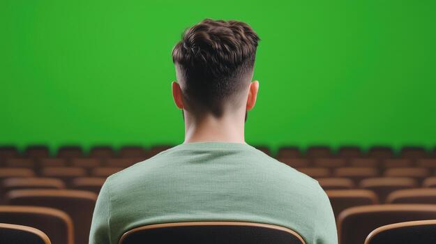 Back View of Man in Green Shirt Sitting in Empty Theater or Conference Room with Green Screen for Virtual Presentation Background photo