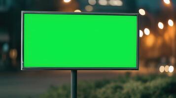 Vintage Cinema Marquee with Green Screen for Custom Text in Urban Night Setting with Soft Bokeh Effect photo