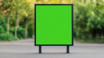 Bus Stop Advertising Billboard With Green Screen at Night in Urban Setting photo