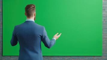 Businessman in Blue Suit Presenting in Front of a Large Green Screen in Modern Office Environment photo
