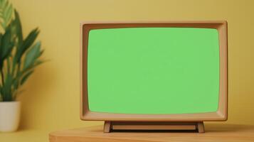 Retro TV Set with Green Screen on Wooden Surface in Minimalist Room with Yellow Background and Green Plant photo