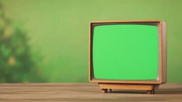 Retro TV Set with Green Screen on Wooden Table Against Blurred Nature Background for Creative Media Design and Advertisement Concepts photo