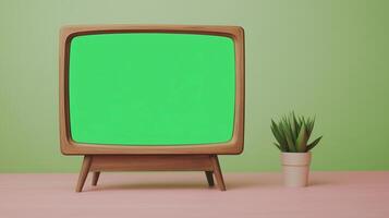 Retro Television Set with Green Screen Display Next to Small Potted Plant on Pink Table Against Light Green Background for Vintage Decor and Media Concepts photo