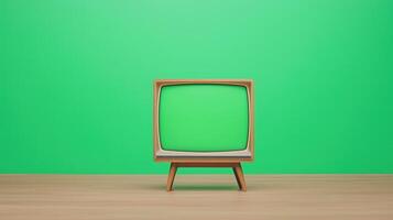 Retro TV Set with Green Screen on Wooden Table Against Bright Green Background for Vintage Media Design Concepts photo