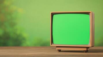 Retro TV Set Close Up with Green Screen on Wooden Surface with Abstract Background in Aspect Ratio for Modern Design and Media Concepts photo