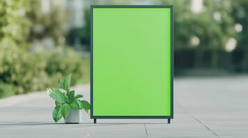 Empty Green Screen Billboard with Potted Plant on Urban Sidewalk in Sunny Day Ideal for Advertising Mockup and Design Background with Space for Text photo