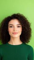 Influencer Posing in Front of a Vibrant Green Screen Background, Highlighting Modern Social Media Trends and Professional Online Presentation for Creative Content Development and Visual Media photo