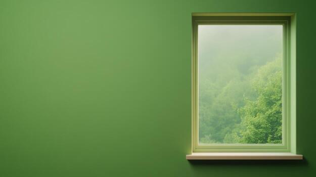 Green Screen on Attic Window Overlooking Lush Forest with Misty Fog Creating a Tranquil Atmosphere in Poet's Sanctuary for Relaxation photo