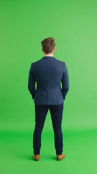 Magician Standing with Back Turned Against Vivid Green Screen Creating Illusion Concept photo
