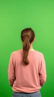 Back View of Woman with Brown Hair in Pink Sweater Against Vibrant Green Background for Professional Training and Digital Content Creation photo