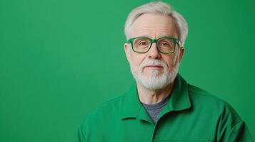 Elderly Craftsman with Green Glasses and Beard on Green Screen Background, Focused Expression, and Professional Attire Representing Artistic Skill and Wisdom in Woodworking Craftsmanship photo