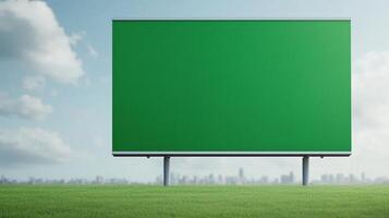 Green Screen Billboard Overlooks Football Stadium with Urban Skyline in Background Under Cloudy Sky photo