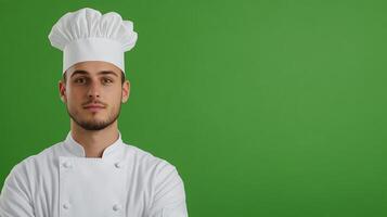 Chef in White Uniform with Green Screen Background Portrait, Professional Cook for Culinary Concepts, Bright and Modern Studio Photography, High Resolution Image for Versatile Uses photo