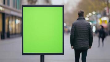 Green Screen Coating A Vertical Advertising Panel On A Bustling Urban Street With Blurred Pedestrians In Background Showcasing Vibrant Display Opportunities For Engaging Marketing Campaigns photo