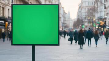 Green Screen Display on Street Advertising Panel in Urban City Landscape with Blurred Pedestrians and Modern Architecture photo