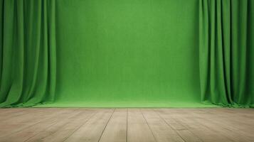 Green Screen Curtain Draped Behind Magician's Table Setting on Wooden Floor for Creative Background and Photo Editing