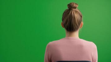 Person Facing Virtual Interface with Green Screen Background in Minimalist Modern Setting for Technology and Education photo