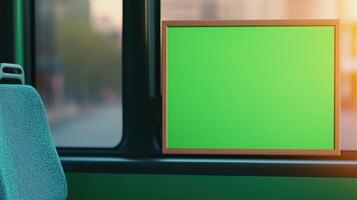 Green Screen City Bus Window Scene for Customizable Urban Background with Framed View Highlighting Public Transport Innovation in Modern Transport Design and Advertising Concepts photo