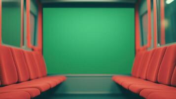 Green Screen Framed as City Bus Window with Red Seats, Ideal for Versatile Background Replacement in Photography and Production, Modern Public Transport Design Concept photo