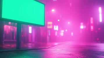 Futuristic Green Screen Digital Billboard in Neon Cityscape with Vibrant Illuminated Urban Night View photo