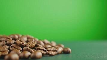 Coffee Beans Piled on Surface with Vivid Green Backdrop Perfect for Vibrant Energy and Cafe Concepts in Modern Culinary and Beverage Design and Promotional Materials photo