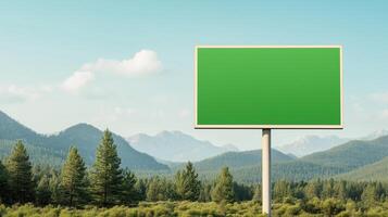 Green Screen Billboard in Scenic Mountain Rural Landscape with Clear Sky and Trees for Nature Advertising and Design Background photo