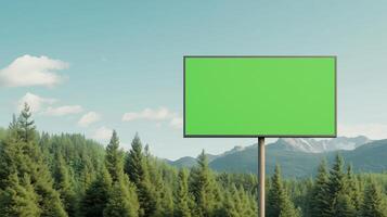 Green Screen Billboard in Rural Landscape with Pine Trees and Mountains Under a Clear Blue Sky for Advertising and Nature Conceptual Design photo