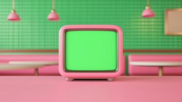 Retro Jukebox with Green Screen in Vintage Diner Setting with Pink Neon Lights and Classic 1950s Design photo