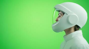 Astronaut in White Space Helmet Against Vibrant Green Background for Futuristic Zero Gravity Training Concept photo